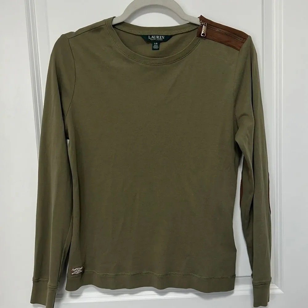 LAUREN RALPH LAUREN Army Green Brown Elbow
Pad Long Sleeve Top Size Large - Picture 1 of 9